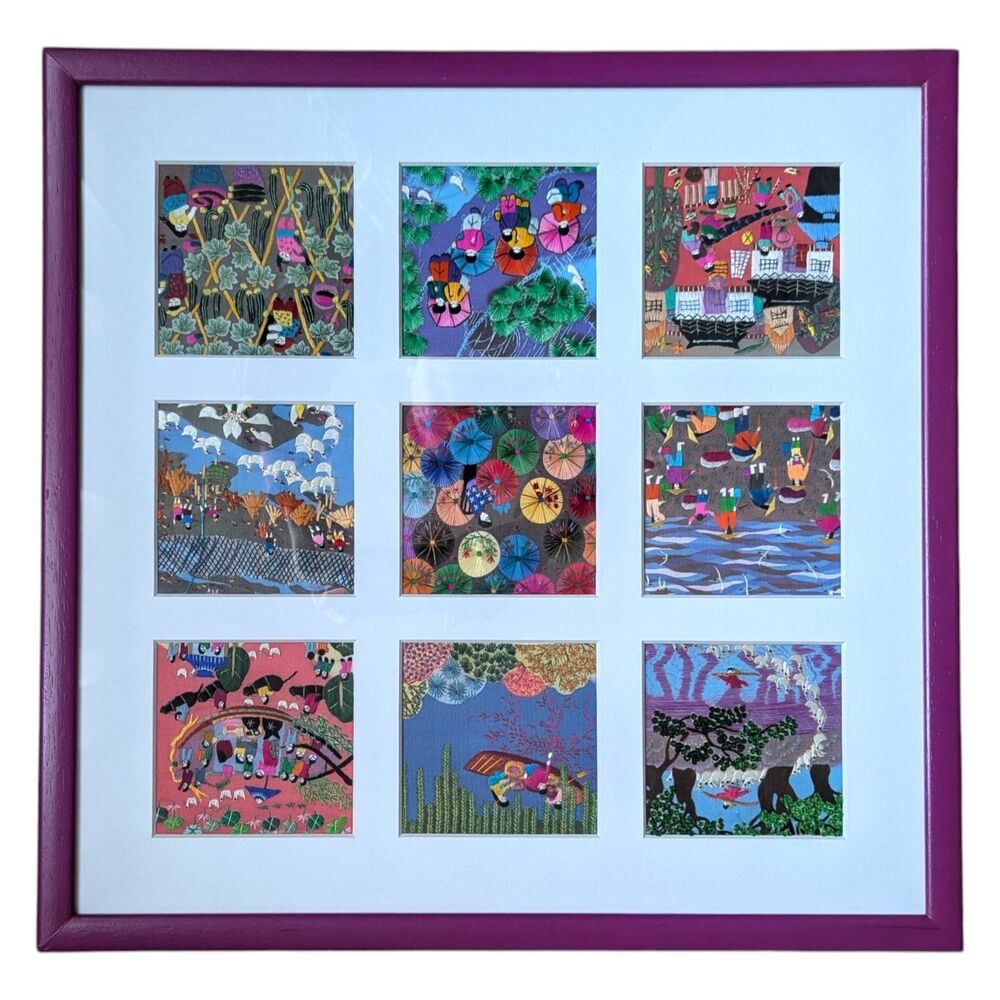 Framed Matted Silkscreen Embroidery 21"x21" Purple Frame Maximalism Asian China